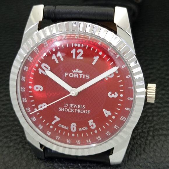Vintage 1988 Fortis Manual Mens Silver Watch W/Leather Strap & Red accents - Picture 3 of 9
